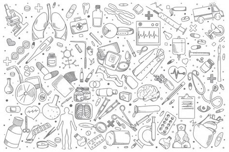 Health care and medicine doodle background. | Premium Vector Doctor Doodle Art, Medicine Doodles, Anatomy Doodles, Medicine Aesthetic Wallpaper, Medical Doodles, Medical Cartoon, Medicine Aesthetic, Cartoon Doctor, Medicine Illustration