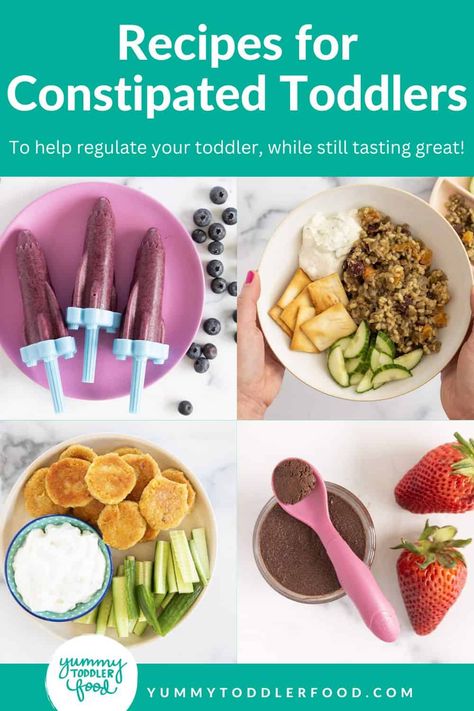 Recipes for constipation in grid of images. Food For Constipation In Kids, Toddler Constipation Relief Foods, Toddler Fiber Foods, Healthy Fats For Toddlers, High Fiber Foods For Toddlers, Fiber Meals For Kids, High Fiber Toddler Foods, High Fiber Toddler Meals, Fiber Rich Foods For Kids