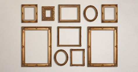 Antique Brass Gallery Wall, Good Frame Wall, Open Frames On Wall Ideas, Gold Picture Frame Collage, Picture Wall Gold Frames, Wall Of Photo Frames, Picture Wall Ideas Gold Frames, Brass Picture Frames Gallery Wall, Brass Frames On Wall