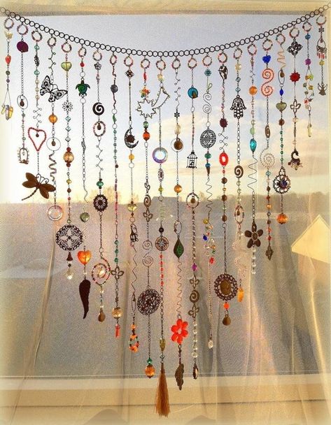 Bohemian Bead Curtain, Jewelry On Wall Ideas, Crystal Beaded Curtains, Boho Beaded Curtains Diy, Hanging Crystals Window Diy, Whimsical Window Treatments, Flat Beads Ideas, Glass Bead Hanging Decor, Room Decor Pieces Diy