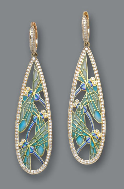 A pair of diamond and plique-à-jour enamel pendant earrings. |  © Bonhams 2001-2014 Plique A Jour, Bijoux Art Deco, Bijoux Art Nouveau, Pair Of, Art Nouveau Jewelry, Deco Jewelry, Enamel Jewelry, Vintage Jewellery, Pendant Earrings