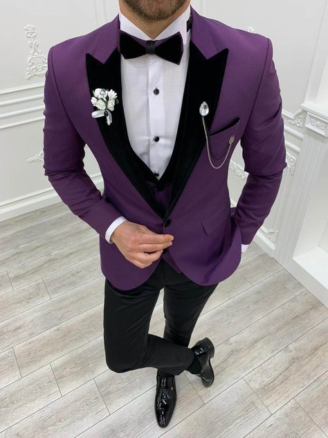 Tuxedos and Wedding Suits Collection Color Code: Purple Suit Material: 65% Polyester, 35% Viscose Not Machine Washable, Dry Clean Only. 1 Front Botton Hole Fitting: Slim Fit  Drop 6 Italian Cut with1 Front Button Hole Delivery Time: 2-4 Business Days Via DHL Your Package Will Include: Jacket, Vest, Pants, Shirt, Bow Ti Wine Suit, Purple Tuxedo, Peak Lapel Tuxedo, Tuxedo Prom, Men Suits Wedding, Tuxedo Colors, Suit Groom, Fast 5, To Start A Conversation