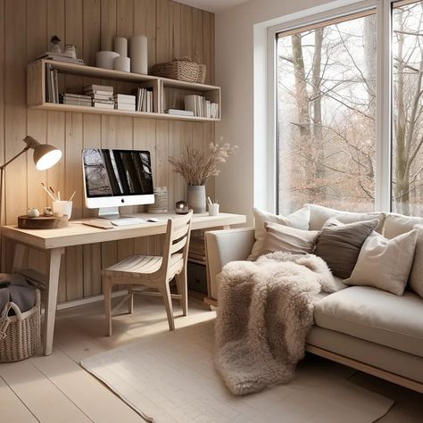 Cozy work space at home Cozy Office With Couch, Home Office With Bookshelves, Office With Bookshelves, Cosy Office, Ideas Habitacion, Office Cozy, Shelves Office, Office With A View, Neutral Office