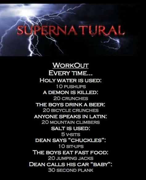 Supernatural workout Supernatural Workout, Tv Show Workouts, Movie Workouts, Tv Workouts, Impala 67, For My Love, Supernatural Memes, Odaiba, Workout Games