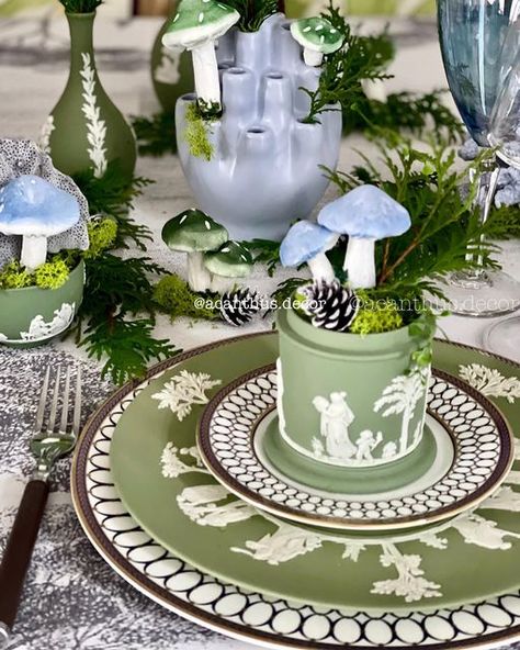 Elen on Instagram: "Wonderland Table Setting!🎄💚🌿 Vintage Wedgwood Jasperware inspiration!💚🎄🦋 #tablesettinginspiration #tablesetting #tablesettingideas #tablesettingdecoration #christmastable #christmastablesetting #collectedbeautifullife #thecollectedlook #collectedhome #grandmillennial #grandmillennialstyle #wedgwoodjasperware #vintagetableware #christmasmagic✨ #tablesettinginspiration #graciouslivingstyle #styleonmytable #tablestyle #holidaytable #holidaytablescape #mytradchichomestyle # Wedgewood China, Wedgewood Jasperware, Paris Chateau, Grand Millennial Style, Table Setting Inspiration, Wedgwood Jasperware, Tablescape Inspiration, Table Setting Decor, Holiday Tablescapes