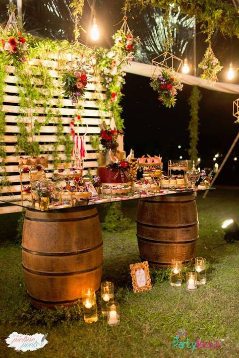 Boho Themed Wine Barrel Dessert Table from a Boho Vintage 21st Birthday Party on Kara's Party Ideas | KarasPartyIdeas.com (22) Schnee Party, Vintage Dessert Tables, Vintage Party Ideas, 21 Party, Guys 21st Birthday, 21st Birthday Girl, Birthday Boho, 21st Bday Ideas, 21st Birthday Party