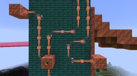 Levers make good diagonal/curved pipes. Very steampunk-looking detail. Minecraft Pipe Design, Minecraft Lightning Rod, Lightning Rod Minecraft, Steampunk Portal Minecraft, Minecraft Diagonal Builds, Minecraft Steampunk Interior, Minecraft Factory Interior, Epic Minecraft Builds, Minecraft Building Designs