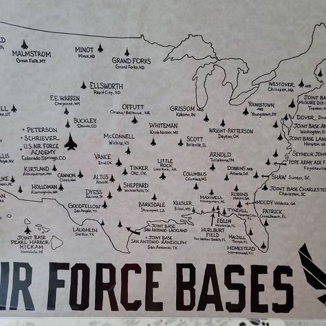 Air Force Tattoo, Us Air Force Bases, Air Force Basic Training, Air Force Academy, Air Force Mom, Hand Drawn Map, Drawn Map, American Military, Dream Symbols