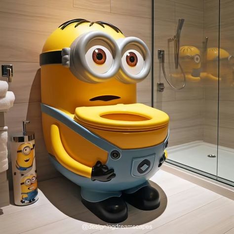 Minion-Shaped Toilet: Unique and Quirky Bathroom Fixture Minion Bed, Minion Bathroom, Funky Toilet, Double Sink Cabinet, Goth House, Quirky Bathroom, Yellow Bathroom Decor, Toilet Art, Funny Items