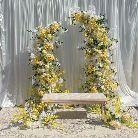 Our absolute favourite! 💛 How elegant and fun is this yellow floral backdrop!! Perfect for your intimate pre-wedding ceremonies 💫[ Engagement / Haldi / Choora / Mehndi ] . . . . . #sydney #weddingsydney #weddingflorist #sydneyweddingflorist #weddingfloraldesign #weddingdecor #southernhighlandwedding #sydneyeventhire #indianwedding Engagement Decorations Backdrop, Yellow Wedding Ceremony, White Drapes Wedding, Light Yellow Weddings, Dekor Lamaran, Yellow Wedding Decorations, Casual Wedding Decor, Formal Wedding Decor, Yellow Backdrop