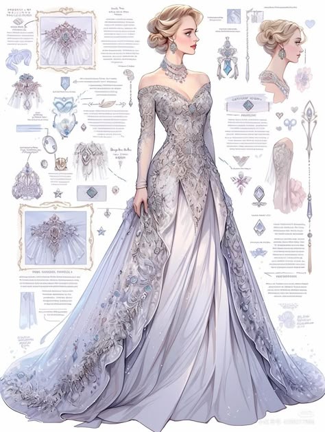 Off Shoulder Fantasy Dress, Queen Dresses Drawing, Silver Fantasy Gown, Silver Fantasy Dress, Fantasy Dress Drawing Outfit Ideas, Fantasy Gown Art, Fantasy Dress Design Art, Ethereal Ball Gown, Fashion Designer Drawing