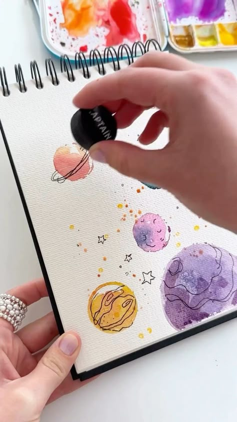 Instagram Ink And Watercolor Art Illustrations, Watercolor With Markers, Paint Planets, Planets Watercolor, Planets Painting, Painting A Tree, Planet Sketch, Planet Watercolor, Planet Painting