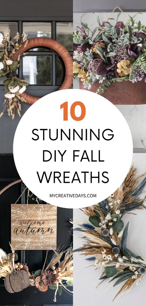 Need a cheap and easy DIY fall décor idea? We're sharing 10 cute and easy DIY fall wreaths for your front door, living room, mantel, and more! Whether you're looking for a DIY fall wreath from nature, with ribbons, burlap, or dollar tree items, we have the perfect DIY fall wreath decoration tutorials for you. Click through for this and more fun DIY fall crafts ideas for adults. DIY fall decorations wreath. Non Wreath Front Door Decor, Diy Fall Front Door Decor, Diy Fall Wreath From Nature, Fall Crafting Ideas For Adults, Simple Fall Wreaths For Front Door Diy, Diy Fall Door Wreaths, Vine Wreath Ideas Diy, Diy Fall Wreath For Front Door Tutorials, Homemade Fall Wreaths