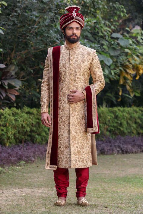 Royal Fawn Sherwani with Red Churidar Red Churidar, Groom Indian Wedding Outfits, शादी की तस्वीरें, Wedding Blazer, Indian Groom Dress, Sherwani For Men Wedding, Wedding Kurta For Men, Groom Dress Men, Indian Wedding Poses