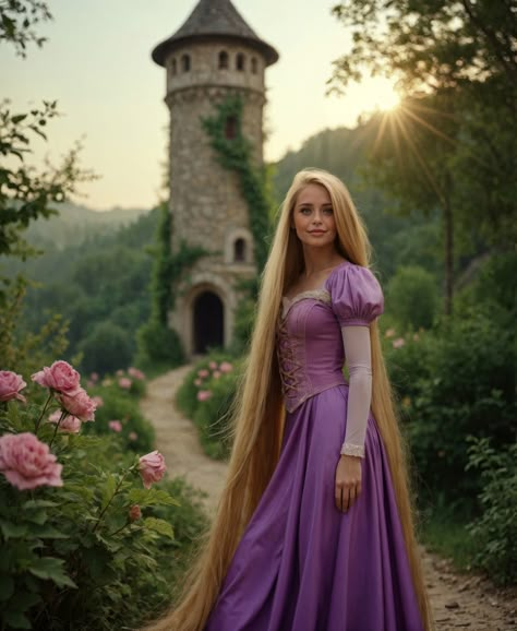 Jaimie Good in a purple Rapunzel dress with long blonde hair stands near a tall stone tower amidst flowers in a sunlit forest, embodying her role as a dedicated Rapunzel cosplayer. Disney Princess Gowns, Real Rapunzel, Sunlit Forest, Blonde Halloween Costumes, Rapunzel Cosplay, Disney Princess Cosplay, Rapunzel Costume, Rapunzel Dress, Stone Tower