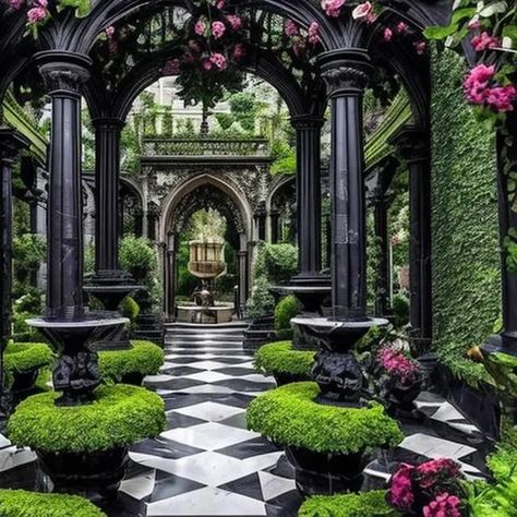 beautiful gothic garden with marble pillars, urns, i... | OpenArt Victorian Home Garden, Gothic Rose Garden, Victorian Gothic Garden, Gothic Patio, Gothic Victorian House Interior, Gothic Architecture House, Sims Garden, Gothic Greenhouse, Gothic Gardens