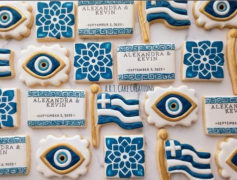 Greek Wedding Cookies, Greek Theme, Sugar Cookies With Royal Icing, Greek Cookies, Icing Decorations, Cookies With Royal Icing, Art Cake, Bridal Shower Cookies, Sweet Bar