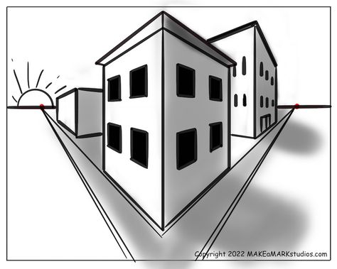 2 Points Perspective Drawing, 2 Point Perspective Drawing Cities, Point Perspective Drawing Ideas, Perspective Drawing Easy, Perspective Drawing Ideas, Easy Objects To Draw, 2 Point Perspective City, Drawing Cities, Perspective City