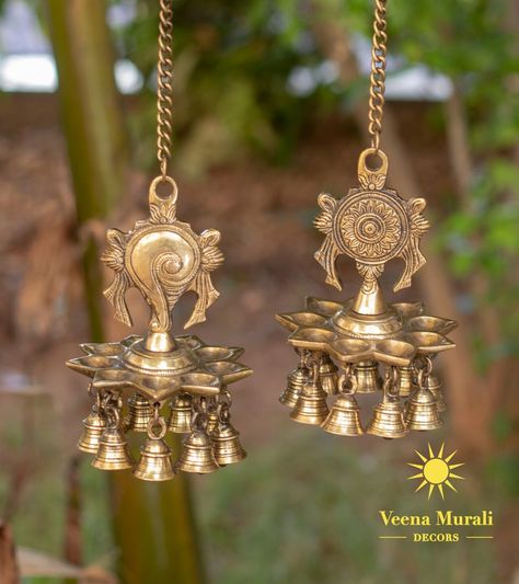 Shankh Chakra bells Brass Items For Pooja, Hurdee Decor, Mandir Doors, Silver Deepam, Bell Decor, Diya Lamp, Vintage Brass Decor, Brass Wall Hanging, Temple Bells