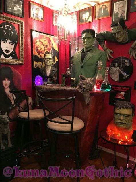 Classic Monster Decor, Horror New Years, Horror Tiki Bar, Universal Monsters Decor, Horror Restaurant, Haunted Arcade, Elvira Art, Halloween Bar Decor, Rockabilly Home Decor