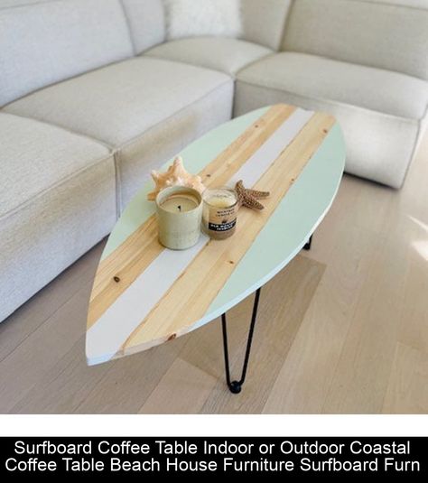 Elevate your living space with our Surfboard-Inspired Coffee Table, a modern and chic addition to any décor. Crafted with care in our workshop in Myrtle Beach, this piece is designed to catch eyes and spark conversations. The table pictured measures: Length: 46 inches Height: 17 inches Width: 18 inches With a variety of colors and stains available (options in listing), you can tailor this table to your taste. Simply specify your preferences in th Beach Theme Apartment Decor, Seashell Coffee Table, Surf Shack Decor Style Inspiration, Surfboard Living Room, Simple Beach Room Decor, Beach Apartment Decor Coastal Style, Beach House Interior Living Room, Surf Board Table, Painted Surfboard Ideas