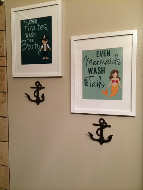 how precious!  a little print for each one right over a towel hook for their hoodies Pirate And Mermaid Bathroom, Pirate Mermaid Bathroom, Pirate Bathroom, Mermaid Bathroom Decor, Kids Bathroom Wall, Kids Bathroom Wall Art, Kids Bathroom Ideas, Kid Bathroom, Mermaid Bathroom