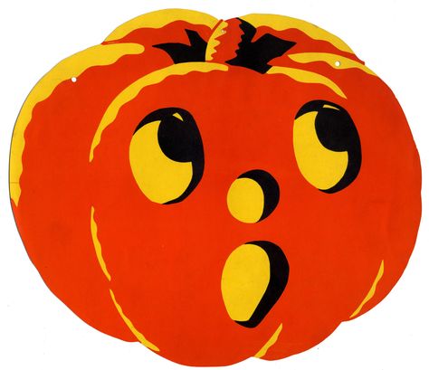 1935 Dennison 'Jack-O-Lantern' Die Cut Decoration. Part of a 7 Piece 'Hallowe'en Jack-O-Lantern Swag Decoration' Set. Sizes" 8 1/2" to 16" Vintage Halloween Graphics, Vintage Jackolantern Illustration, Vintage Jack O Lantern Art, Vintage Halloween Cardboard Cutouts, Vintage Halloween Jack O Lantern, Retro Halloween Decorations, Vintage Jack O Lantern, Retro Jack O Lantern, Vintage Paper Mache Jack O Lantern