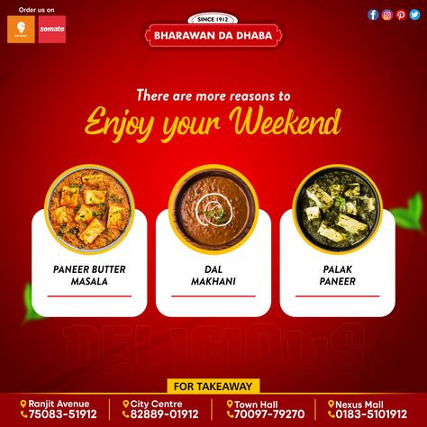 Happy weekend, happy you! And what better than delicious multi cuisines from Bharawan Da Dhaba. For Takeaways, Please Contact On Below Numbers Ranjit Avenue - 7508351912 City Centre - 8288901912 Town Hall - 7009779270 Nexus Mall - 0183-5101912 #bharawandadhaba #multicuisinerestaurant #pureveg #since1912 #worldfamous #breakfast #lunch #dinner #familydining #placestoeat #northindianfood #chinese #snacks #southindian #foodbloggers #foodbloggersindia #amritsarrestaurants #orderonline #instafoodap Weekend Food Creative Ads, Breakfast Creative Ads, Food Ads Creative, Restaurant Creative Ads, Food Creative Ads, Food Web Design, Restaurant Advertising, Chinese Snacks, Veg Restaurant