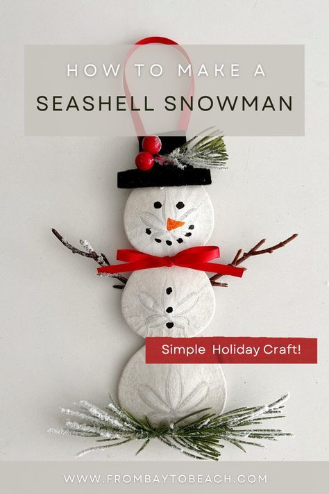 Add some coastal flair to your holiday decor this season with this simple craft! Step—by-step instructions for creating this adorable sand dollar snowman. Great craft for adults and kids! Details on the blog! Sand Dollar Snowman Ornament, Beach Glass Ornaments Diy, Sand Dollar Snowman, Sand Dollar Ornaments Diy, Seashell Snowman, Seaside Crafts, Sand Dollar Crafts, Sand Dollar Craft, Sand Dollar Art