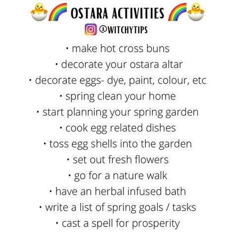 Tips for Witches Everywhere! ✨ on Instagram: "Ostara activities! 🌷🌈 Swipe to see a list of low energy Ostara activities for those who struggle with any type of health issue, busy lifestyle or broom closet witches! →" Ostara Activities, Broom Closet, Garden Cooking, Busy Lifestyle, Garden Set, How To Cook Eggs, Low Energy, Egg Decorating, Walking In Nature