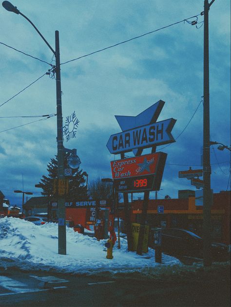 #carwash #wash #gasstation #retro #vintagestyle #vintageaesthetic #dark #gloomy #aesthetic #tumblr #snow #winter #cold #toronto #twilightaesthetics Retro Winter Aesthetic, Winter Road Trip Aesthetic, Winter Vintage Aesthetic, Dark Gloomy Aesthetic, Vintage Winter Aesthetic, Winter Nostalgia, Cold Aesthetic, Gloomy Aesthetic, 20s Aesthetic