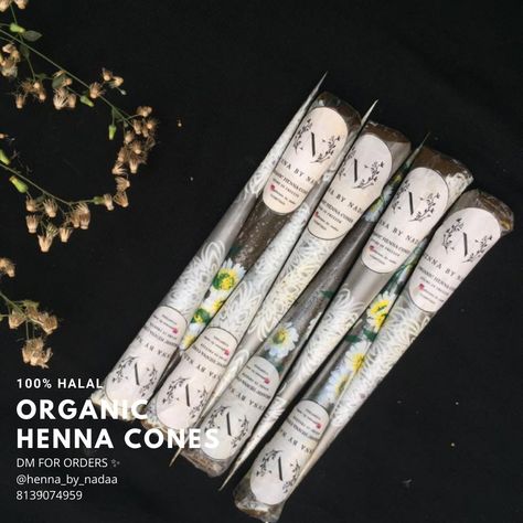 💯 HALAL ORGANIC HENNA CONES 🌿 NO CHEMICALS ADDED SAFE FOR YOUR SKIN HOMEMADE WITH ONLY NATURAL PRODUCTS 🌿 RICH STAIN GUARANTEED Henna Making, Organic Henna Cones, Mehandhi Designs, Organic Henna, Quote Islam, Henna Cones, Mehndi Photo, Book Art Diy, Prayer Quotes