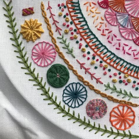 All about the (nearly finished) Stitch Sampler | Shirley Rainbow Embroidery Sampler Ideas, Embroidery Inspiration Flowers, Shirley Rainbow, Stitch Sampler, Embroidery Sampler, Embroidery Stitches Tutorial, Hand Embroidery Projects, Folk Embroidery, Creative Embroidery