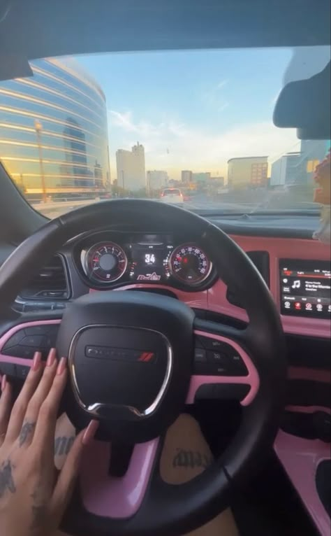 Pink And Black Car Interior, Black G Wagon Pink Interior, Pink Charger Car, Grey Dodge Charger With Pink, Black Cars With Pink Interior, Black Car With Pink Details, Pink Car Interior, Disney Nail Designs, Pink Car Accessories