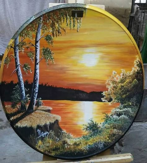 Circular Canvas Painting, Circular Artwork, Sunset Painting Acrylic, Gold Art Painting, Circle Canvas, Boho Art Drawings, Small Canvas Paintings, Wood Painting Art, Soyut Sanat Tabloları