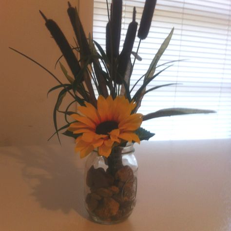 Centerpiece - I used for my wedding very cute and country if your a sunflower person but u can use whatever Cat Tail Centerpieces, Sunflower Ideas, Sunflower Floral Arrangements, Frog Baby Showers, Sunflower Arrangement, Fall Deck, Cat Tails, Sunflower Party, Sunflower Arrangements