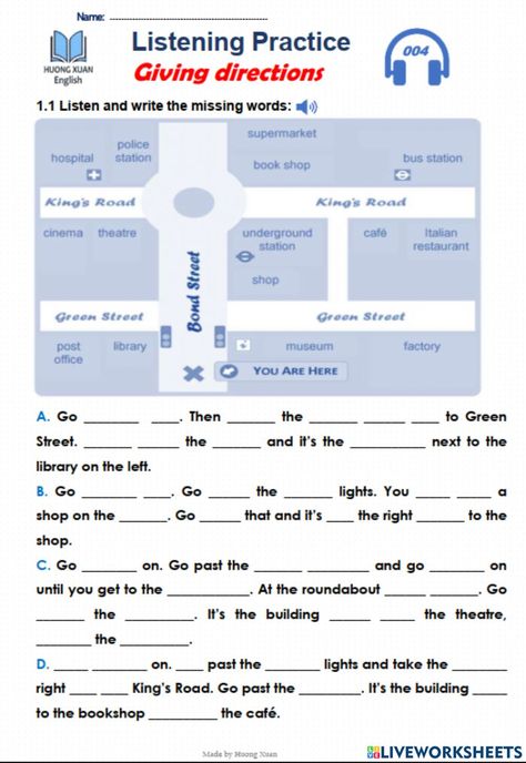 Directions Worksheet For Kids, Giving Directions Worksheet, Listening Skills Worksheets, Directions Worksheet, English Liveworksheet, Listening English, First Grade Reading Comprehension, Ielts Listening, Listening Test