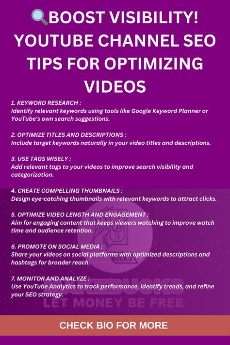 Get your videos discovered with these essential SEO tips for YouTube channel success! Seo Tips, Content Creation, Youtube Channel