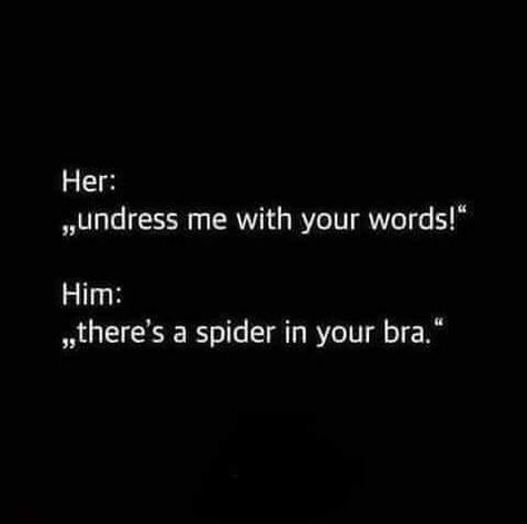 Her: "Undress me with your words!" Him: "There's a spider in your bra." Beautiful Quotations, Cracker Jokes, Punny Puns, Funny Jokes For Adults, Twisted Humor, Sarcastic Humor, Funny Signs, Spiders, Funny Laugh