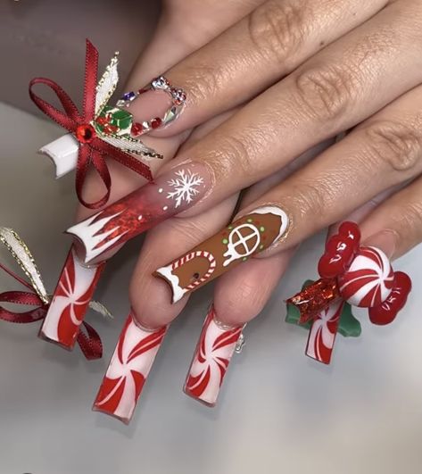 Extreme Christmas Nails, Maximalist Christmas Nails, Gingerbread Nails Christmas, Candyland Nails, Christmas Character Nails, Crazy Christmas Nails, Shrek Nails, Nails Merry Christmas, Long Christmas Nails