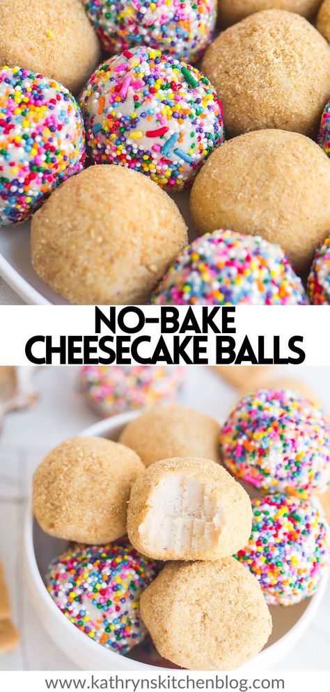 This no bake Cheesecake Balls recipe is made with simple ingredients and resembles a classic cheesecake in a bite-sized form! Made with a creamy cheesecake filling, graham cracker crumbs, and your favorite toppings! No Bake Cheesecake Pops, Easy Desserts Cheesecake, No Bake Cheesecake Cookies, Cheesecake Pops No Bake, No Bake Cheesecake Cake Pops, How To Make Cheesecake Bites, Desert Balls Cream Cheeses, No Bake Cheesecake Recipes Easy Simple, Cream Cheese Bites Desserts