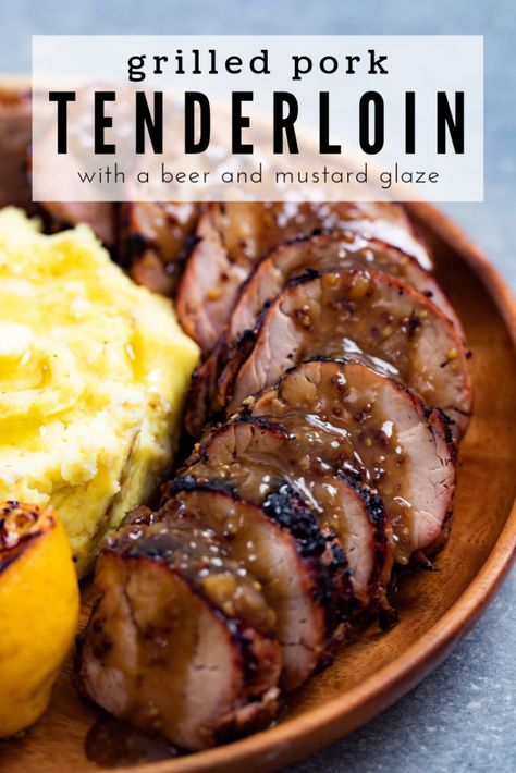 Grilled Pork Tenderloin is a weeknight dinner staple. The beer and mustard marinade becomes a glaze for the grilled pork tenderloin and the flavors are out of this world! Pork Lion Recipes, Tenderloin Pork, Mustard Marinade, Grilled Pork Tenderloin Recipes, Forgotten Chicken, Grilling Recipes Pork, Hey Grill Hey, Bbq Pitmasters, Grilled Pork Tenderloin