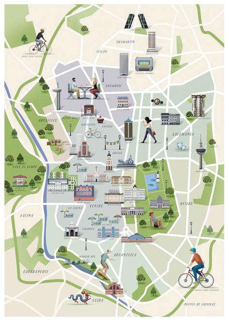 Madrid Tourist Map, Map Of Madrid, Madrid Map, Maps Illustration Design, City Maps Illustration, Maps Illustration, Metro Madrid, Map Illustrations, City Maps Design