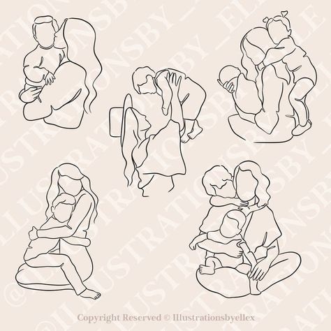 Mom With Sons Tattoo Ideas, Mothers Day Line Art, Mom Two Daughters Tattoo, Mother And Son Line Art, Mom Son Drawing, Family Line Tattoo, Mum And Daughter Drawing, Mom Art Drawing, Line Art Mom And Daughter