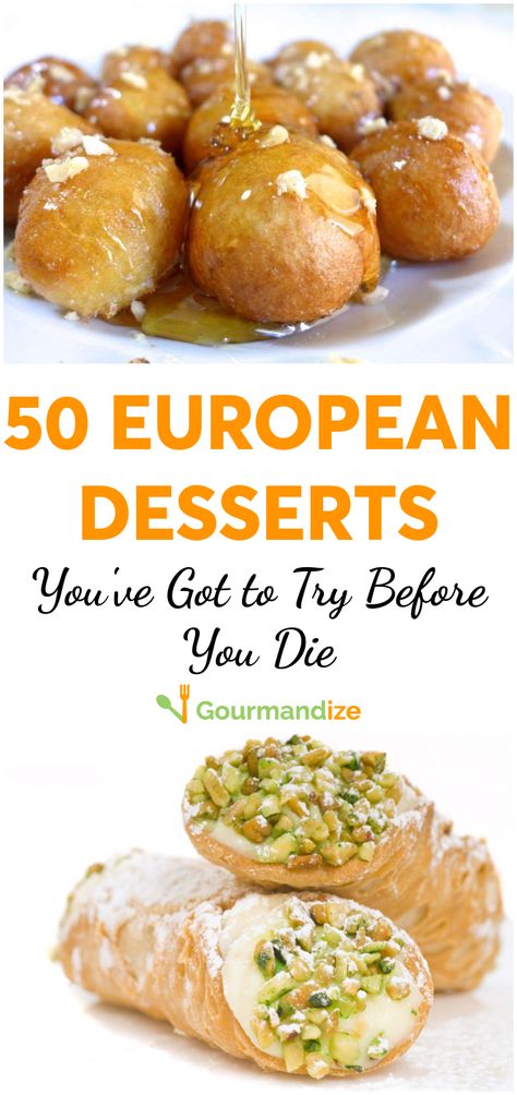 Europe's hiding a wealth of dessert goodies that you don't want to miss. Here's a list of 50 must-try treats that are only an ocean—or recipe—away! European Baking Recipes, European Baked Goods, European Pastry Recipes, Not So Sweet Desserts, Complicated Desserts, European Dessert Recipes, International Dessert Recipes, International Pastries, Foreign Desserts