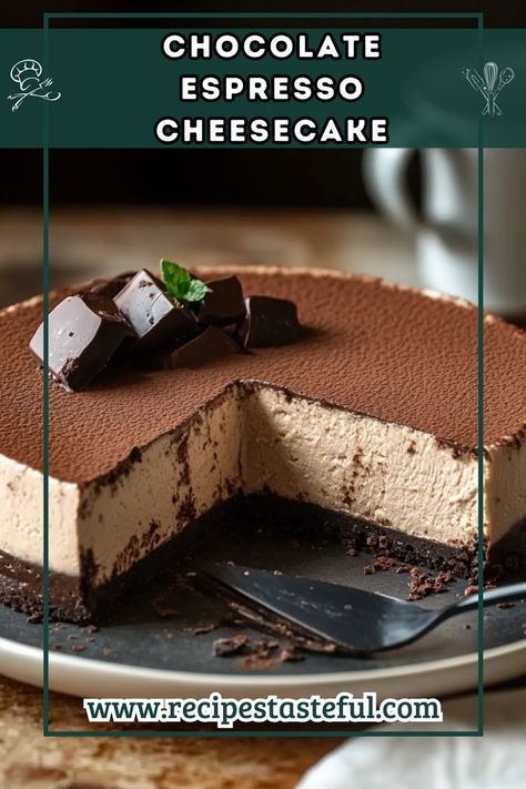 Indulge in this rich and creamy Chocolate Espresso Cheesecake, featuring a delectable chocolate and coffee flavor combination. Perfect for chocolate lovers, this no-bake dessert is easy to make and sure to impress! Expresso Cheesecake No Bake, No Bake Dark Chocolate Cheesecake, Chocolate Winter Desserts, Coffee Cheesecake No Bake, Mexican Hot Chocolate Cheesecake, Espresso Cheesecake Recipes, Chocolate Espresso Dessert, Coffee Cheesecake Recipes, Chocolate Coffee Desserts