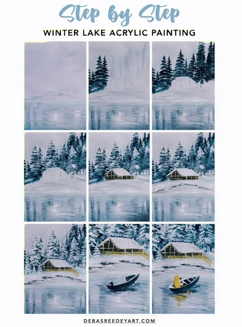 Winter Lake Acrylic Painting With Easy Steps - Step by Step Tutorial Easy Winter Paintings For Beginners Step By Step, Snow Painting Acrylic Winter Scenes Easy, Diy Winter Painting, Winter Landscape Painting Acrylic Easy, Painting Seasons, Volkswagen Bus Art, Painting Ideas Step By Step, Lake Acrylic Painting, Painting Tutorial Step By Step