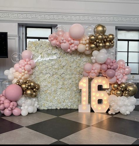 White And Rose Gold Party Theme, Sweet 16 Photo Wall Ideas, Pink Sweet 16 Photo Wall, Sweet 16 Venue Decorations, Sweet 16 Party Ideas Neutral Colors, Pink Sweet 16 Backdrop, Pink Sweet 16 Balloons, Sweet Sixteen Balloons Decorations, Sweet 16 Pink Butterfly Theme