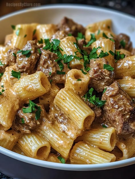 Creamy Parmesan Beef with Rigatoni - Savory Comfort Food - Recipes By Clare Parmesan Beef, Beef Rigatoni, Cheesecake Stuffed Cookies, Loaded Broccoli, Beef Olives, Broccoli Potato, Fruity Dessert, Beef Pasta Recipes, Swirl Cheesecake