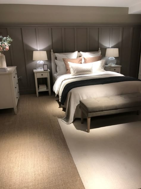 I was in Neptune today and this is the style I am going for in the master bedroom. I’m not sure if the panelling will be in Railings by Farrow and Ball or in Grey Oak by Neptune (pictured). I love the natural sisal flooring so I have just ordered several samples for that. Bedroom Grey Panelling, Room Decor Bedroom Panelling, Grey Panel Bedroom, Oak Panelling Bedroom, Wood Panelling Bedroom Ideas, Bedroom Panelling With Picture Rail, Brown Panelling Bedroom, Grey Bedroom Panelling, Neptune Bedroom Ideas